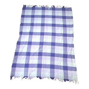 Faribo Lumenaire Plaid Blue Bluewood Periwinkle Sky Wool Throw Blanket Fringed